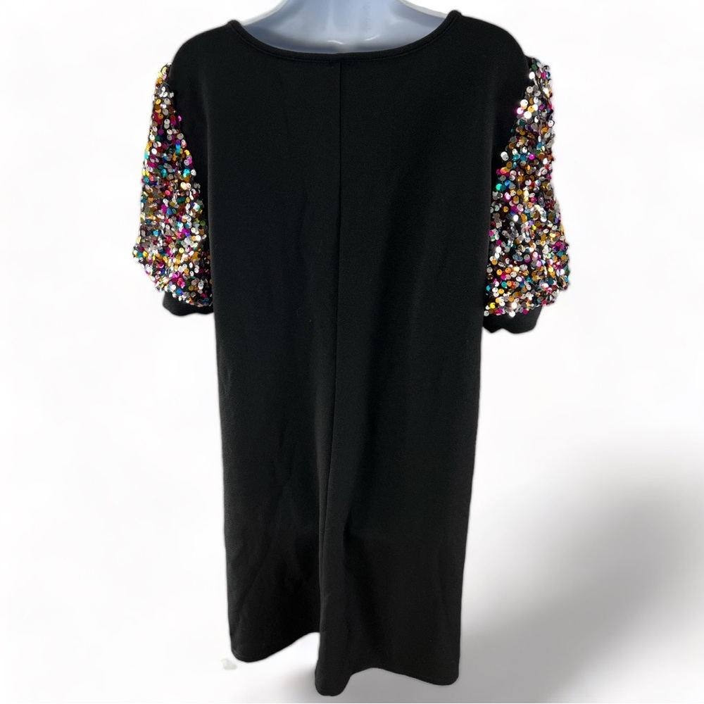 Black Short Sleeve Dress with Multicolor Sequin Puff Sleeves - Picture 7 of 12